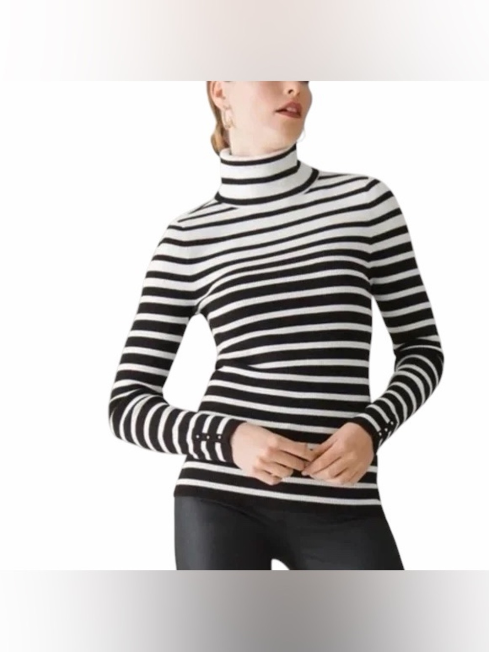 White House Black Market Black and White Striped Turtleneck Sweater Medium - Picture 2 of 13